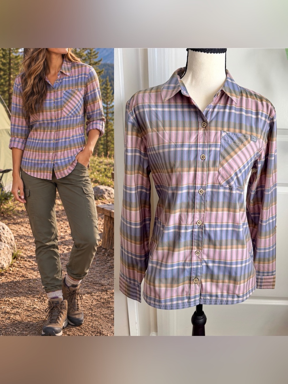 L.L.Bean Pastel Plaid Button Down Shirt Pink Sz XS